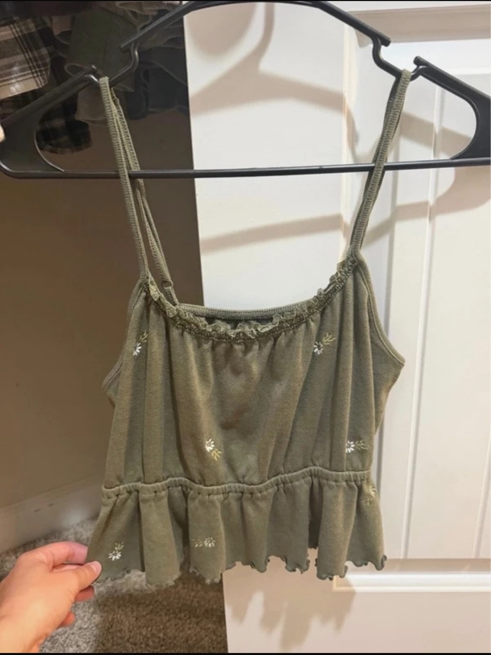 aerie Olive Green Embroidered Ruffle Cami